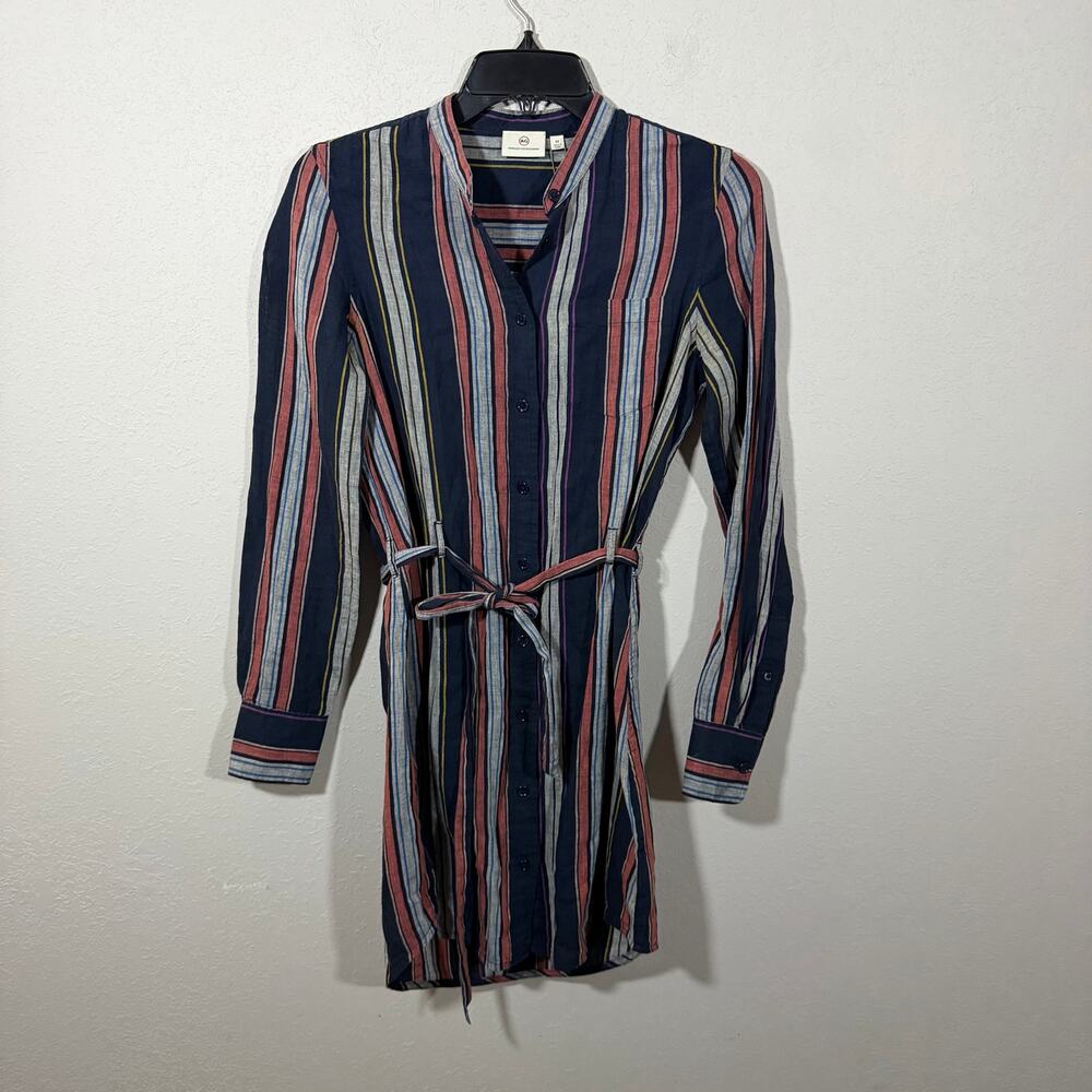 NWT Adriano Goldschmied Navy Multi Stripe Button Down Linen Shirt Dress Women XS